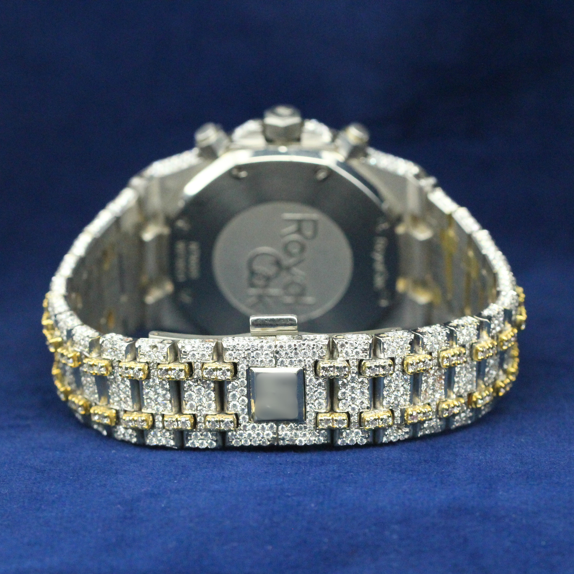 Back view of Gold-Tone Iced Chronograph Watch, highlighting expert craftsmanship and polished finishing for luxury hip-hop jewelry enthusiasts.