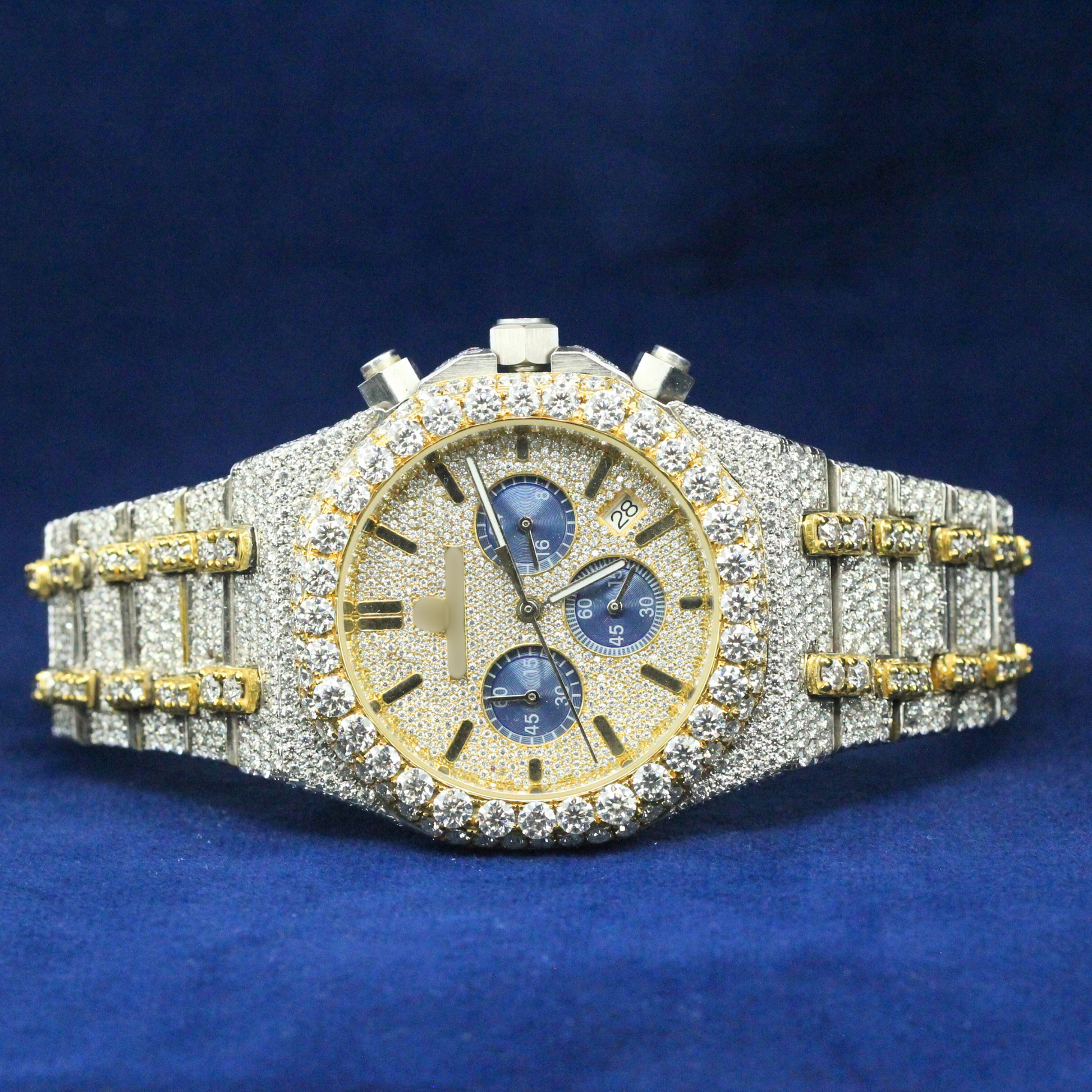 Gold-Tone Iced Chronograph Watch featuring a fully iced-out Moissanite diamond bezel with a luxury chronograph dial, designed for high-end hip-hop jewelry lovers.