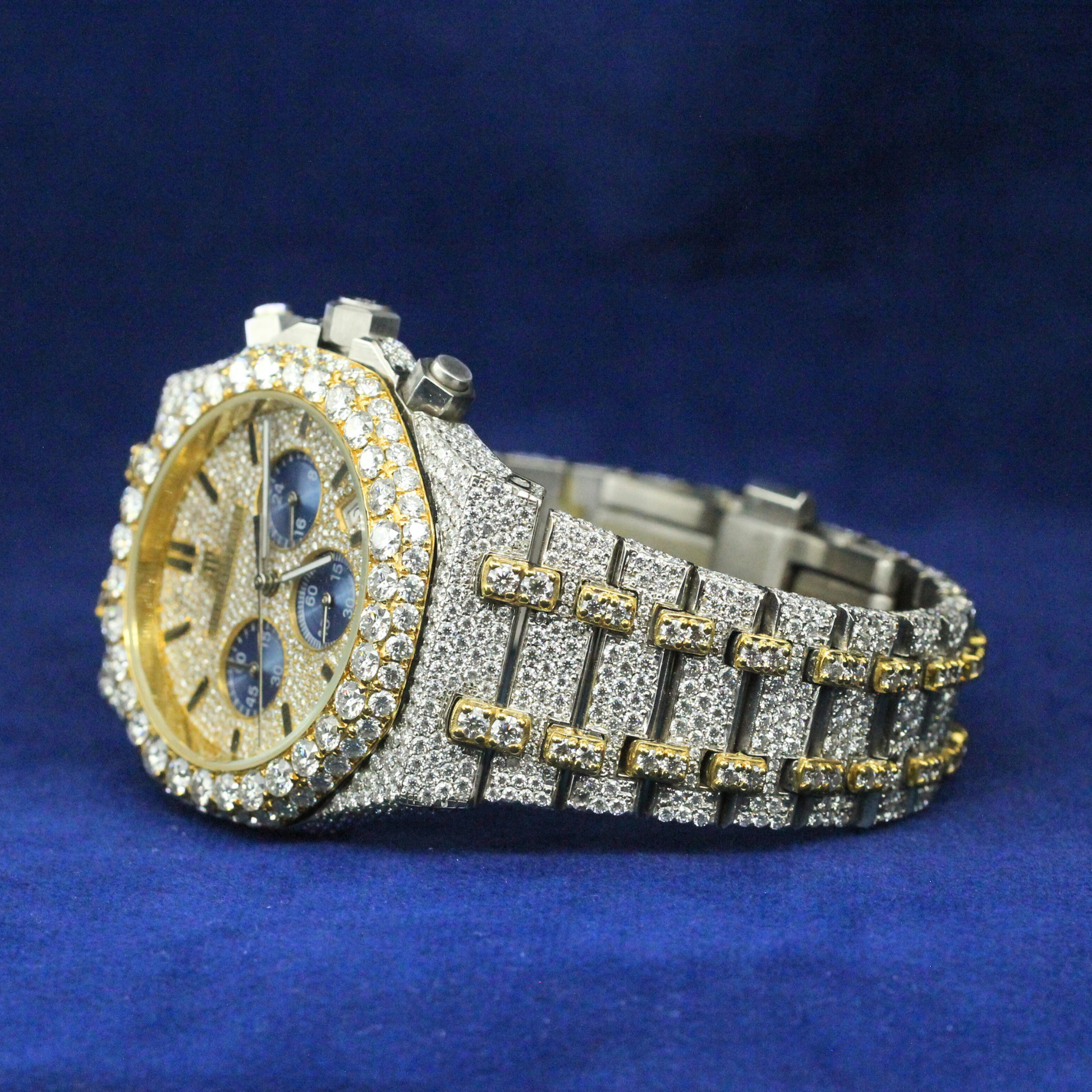 Left-side view of Gold-Tone Iced Chronograph Watch, featuring a bold iced-out Moissanite diamond design with a high-end gold-tone finish.
