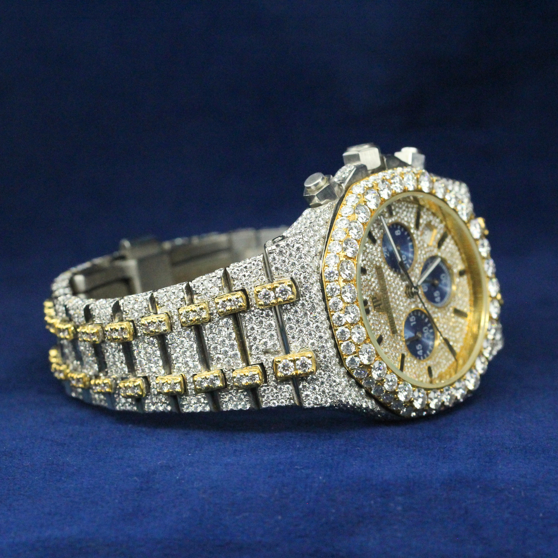 Right-side view of Gold-Tone Iced Chronograph Watch, showcasing an intricate Moissanite diamond-encrusted case with a premium hip-hop jewelry aesthetic.