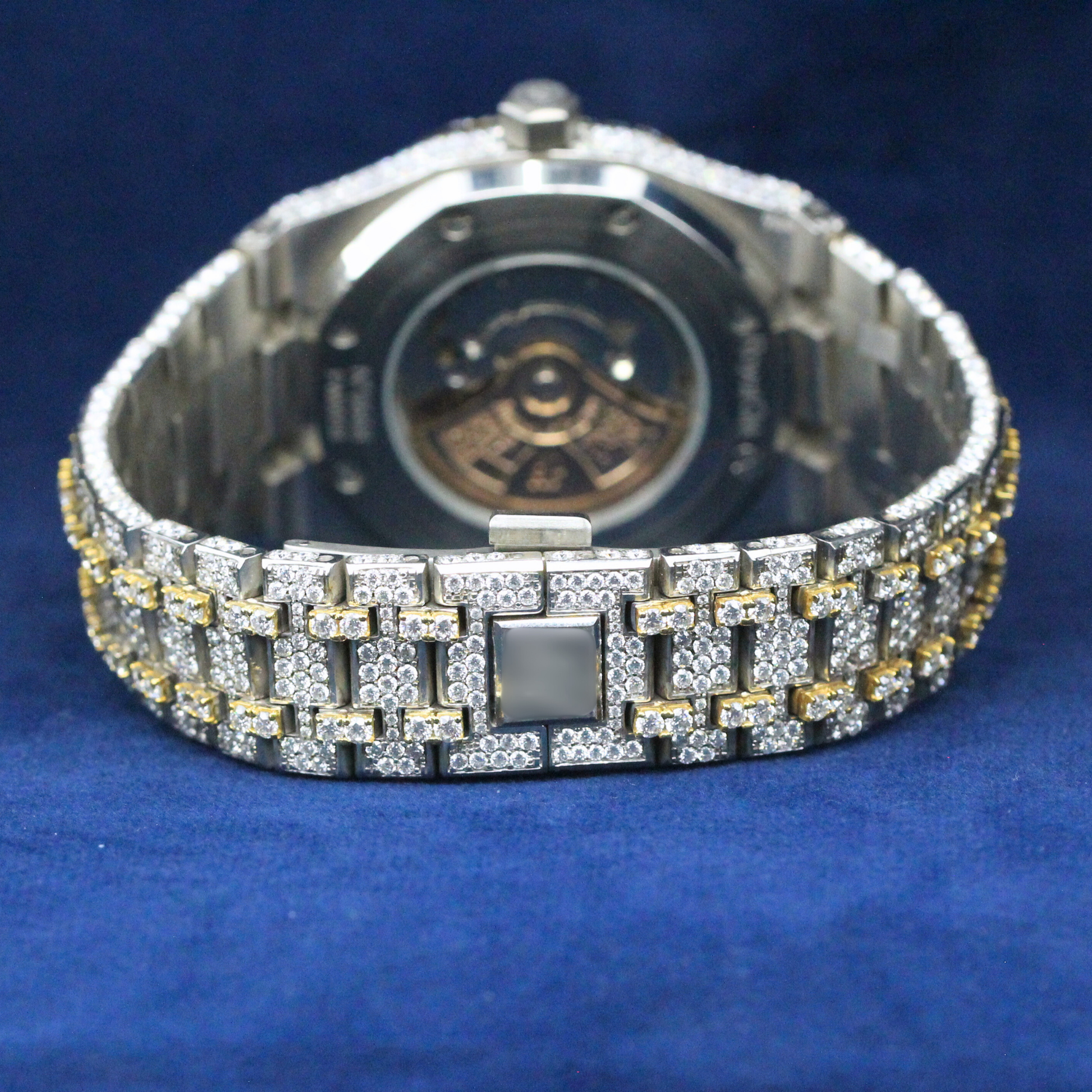 Back view of Luxe Roman Blizzard Watch in 925 silver, showcasing expert craftsmanship and a polished finish for luxury hip-hop jewelry enthusiasts.