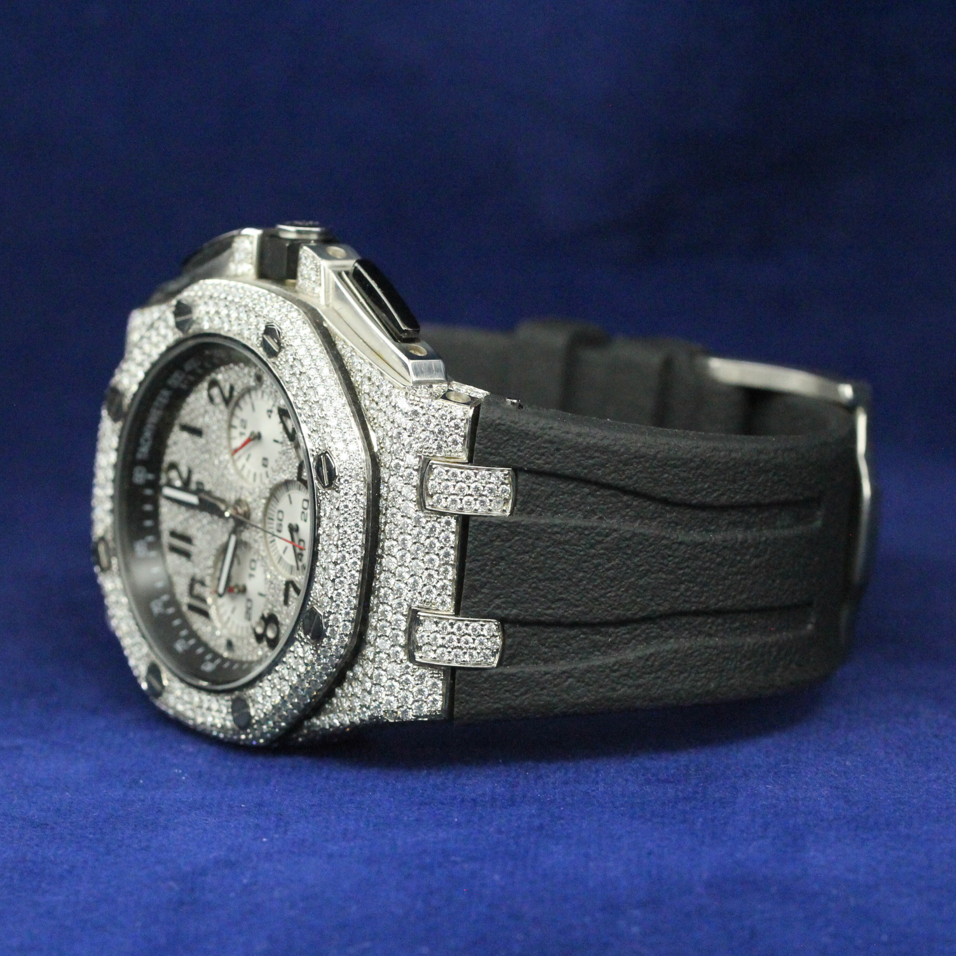 Left angle of the Luxury Diamond Chronograph Watch, highlighting custom iced out detail and polished finish for hip hop jewelry lovers.