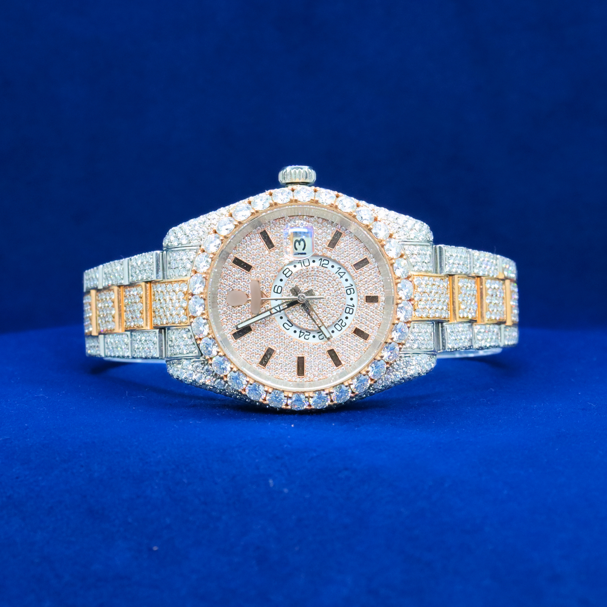 Front view of Fully Paved Iced-Out Watch with Moissanite diamonds – Custom hip hop timepiece
