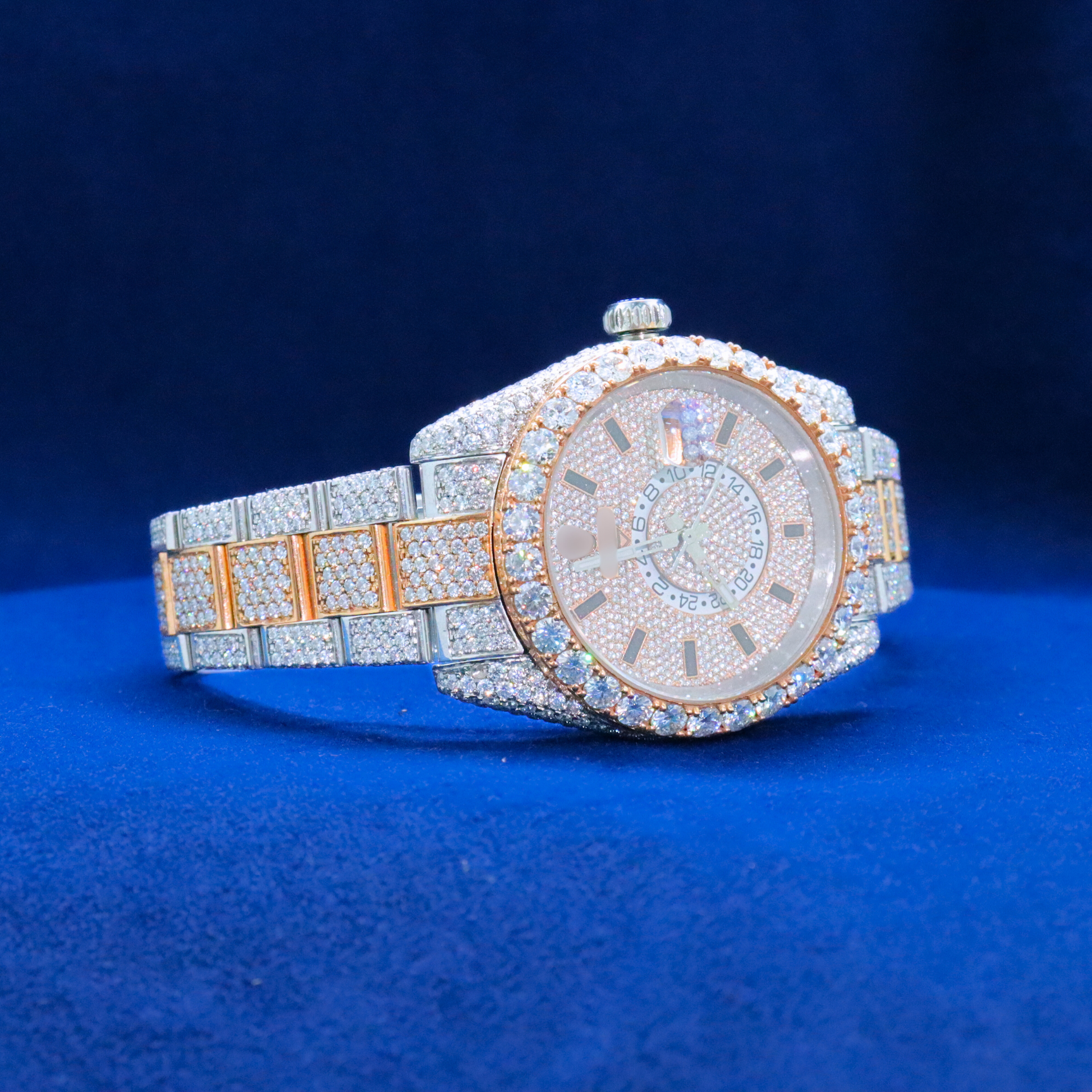Right side view of Fully Paved Iced-Out Watch with Moissanite diamonds – Custom hip hop timepiece