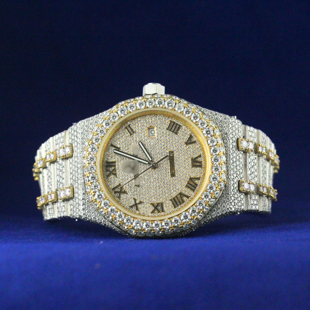 Front view of Iced Prestige Luxury Watch with Moissanite diamonds – Custom iced-out hip-hop watch
