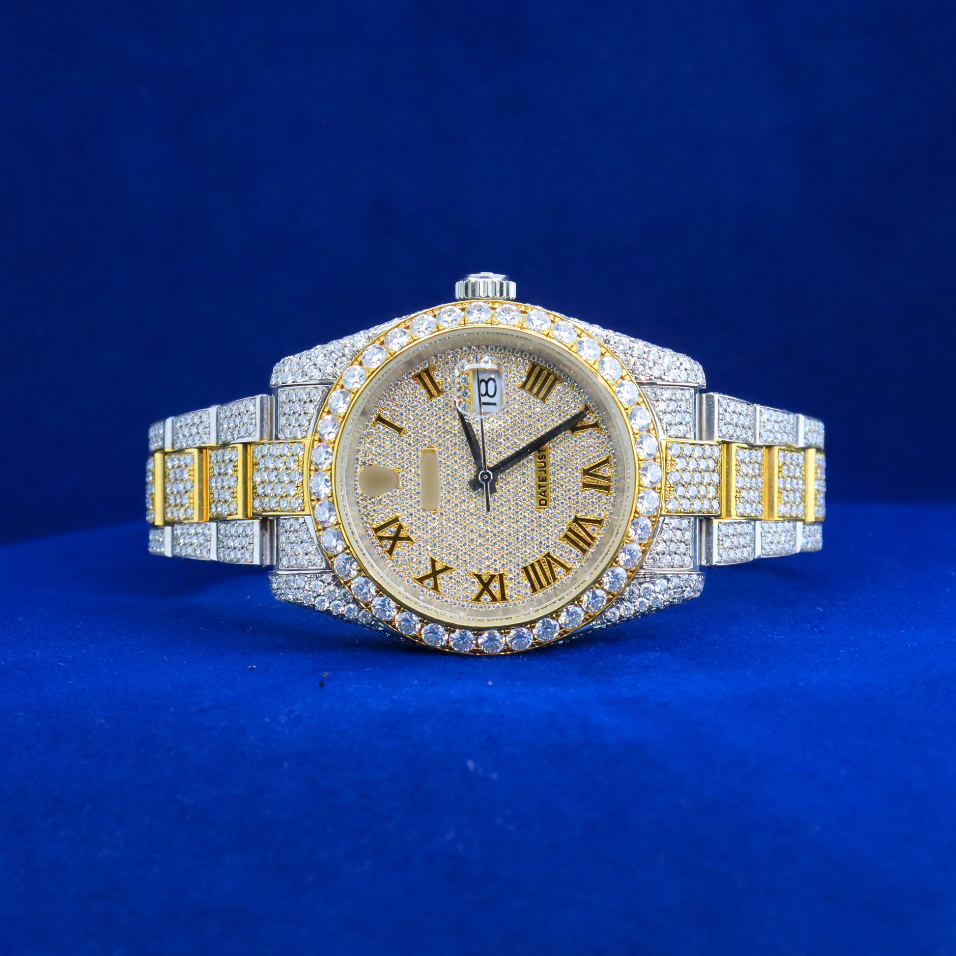 Front view of Roman Numeral Bling Watch with Moissanite diamonds – Custom iced-out hip hop watch