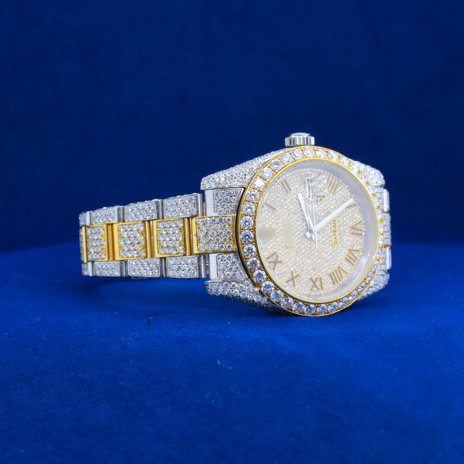 Right side view of Roman Numeral Bling Watch with Moissanite diamonds – Custom iced-out hip hop watch