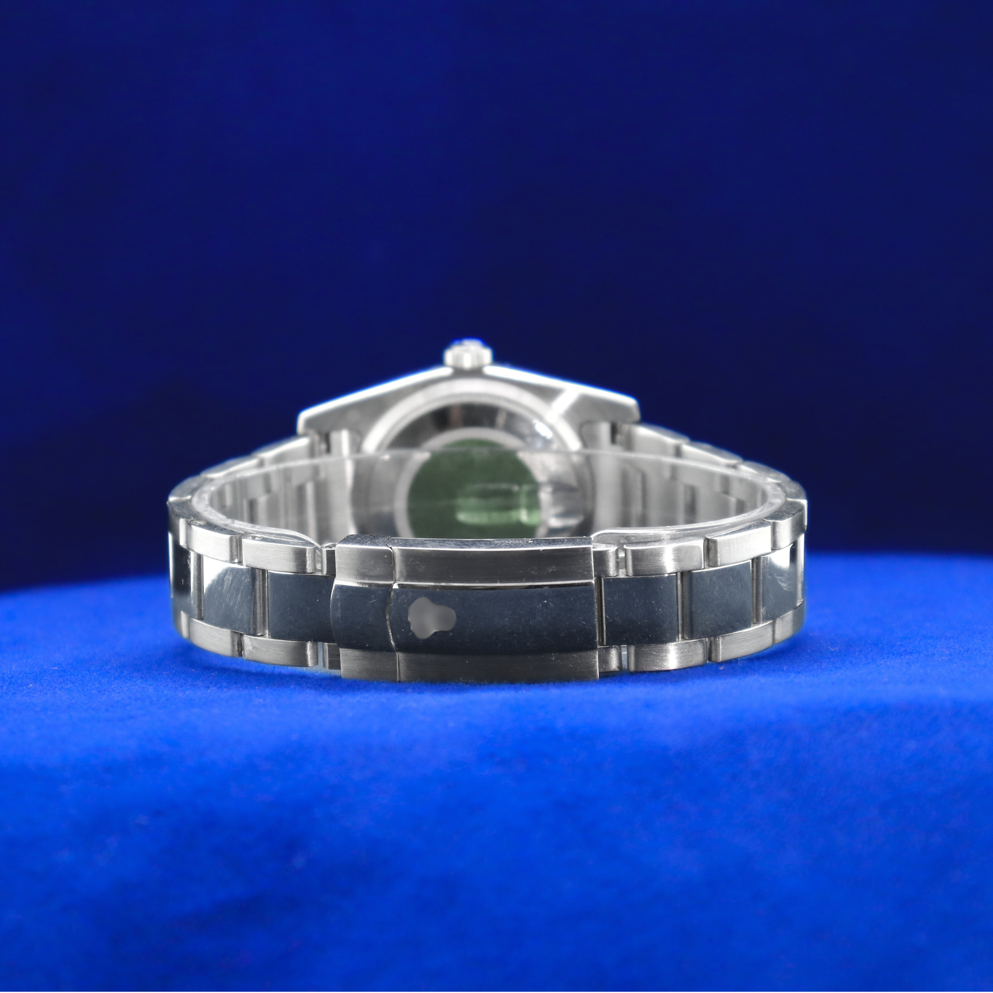 Back view of sleek black dial half iced out custom watch showing durable stainless steel craftsmanship
