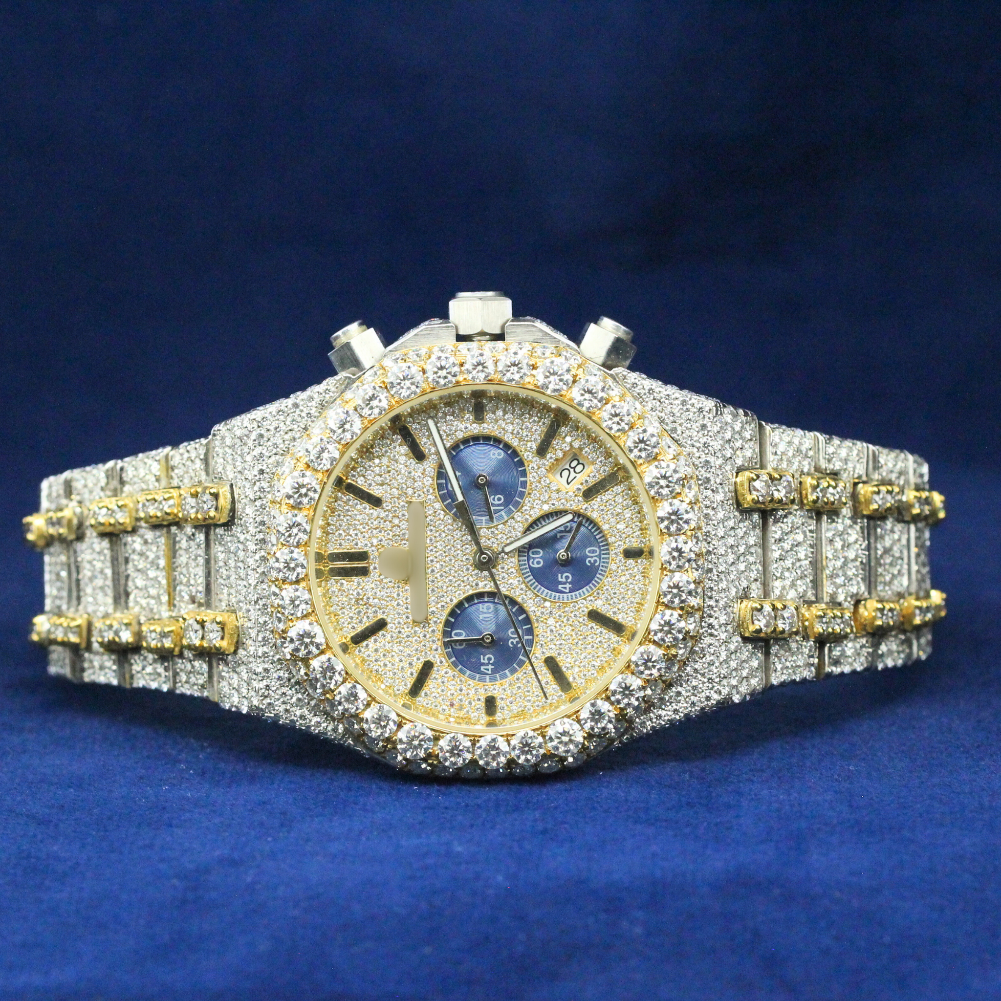 Gold-Tone Iced Chronograph Watch featuring a fully iced-out Moissanite diamond bezel with a luxury chronograph dial, designed for high-end hip-hop jewelry lovers.