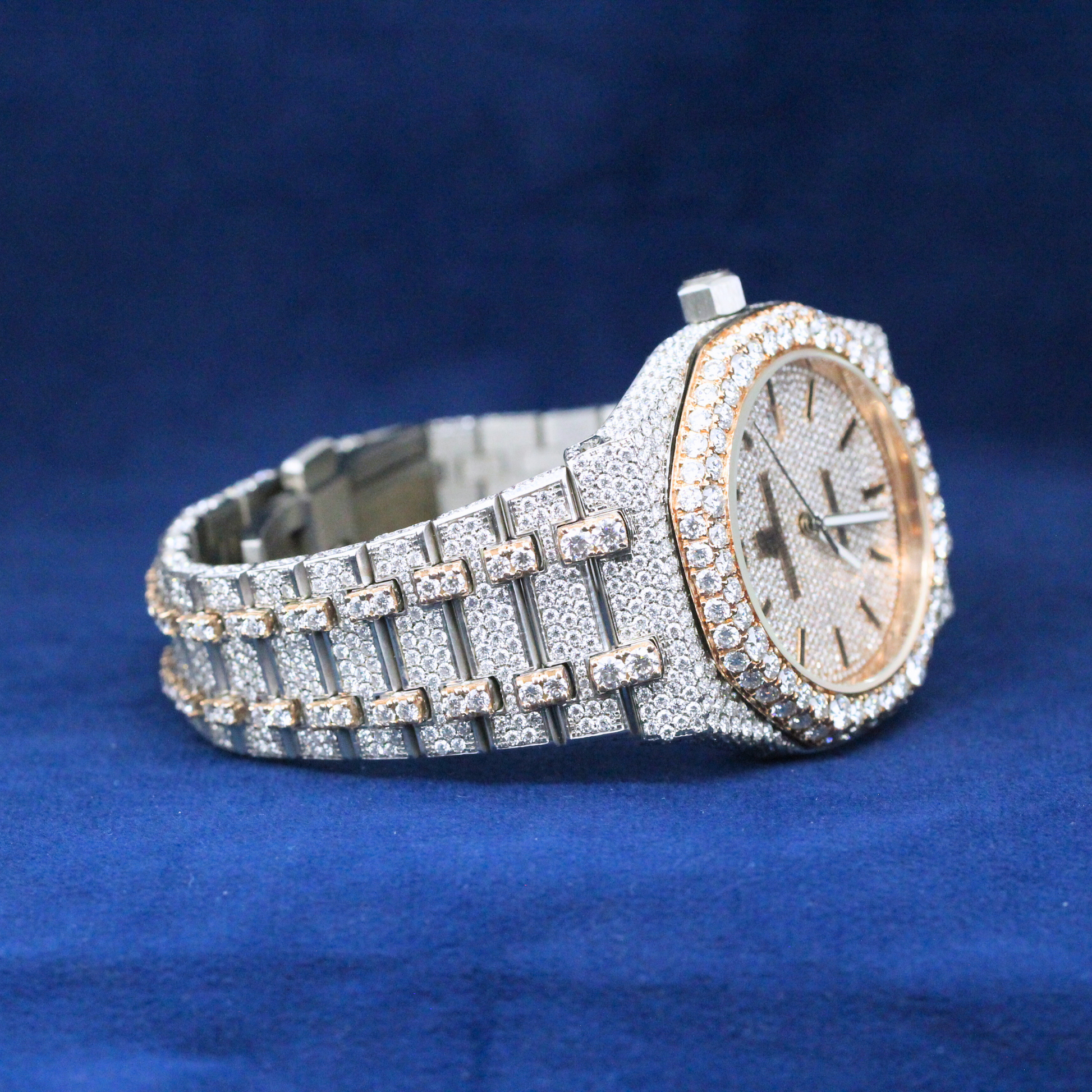 Left-side view of Ice Supreme Watch in 925 silver, featuring an elegant fully iced-out Moissanite diamond design for a premium hip-hop jewelry look.