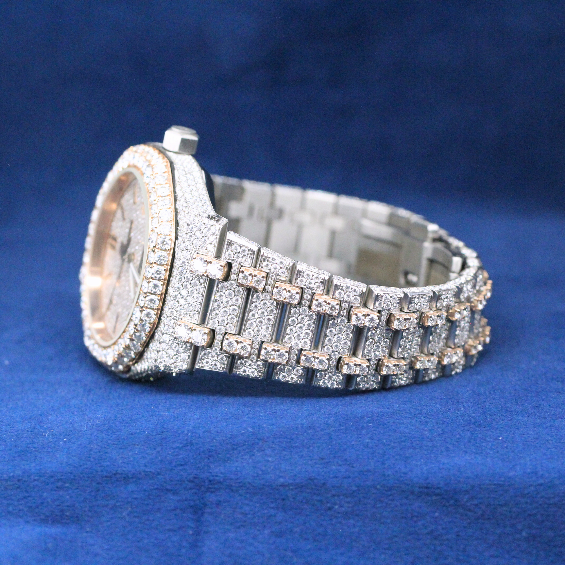 Right-side view of Ice Supreme Watch in 925 silver, showcasing a bold Moissanite diamond-encrusted case with a premium hip-hop jewelry aesthetic.