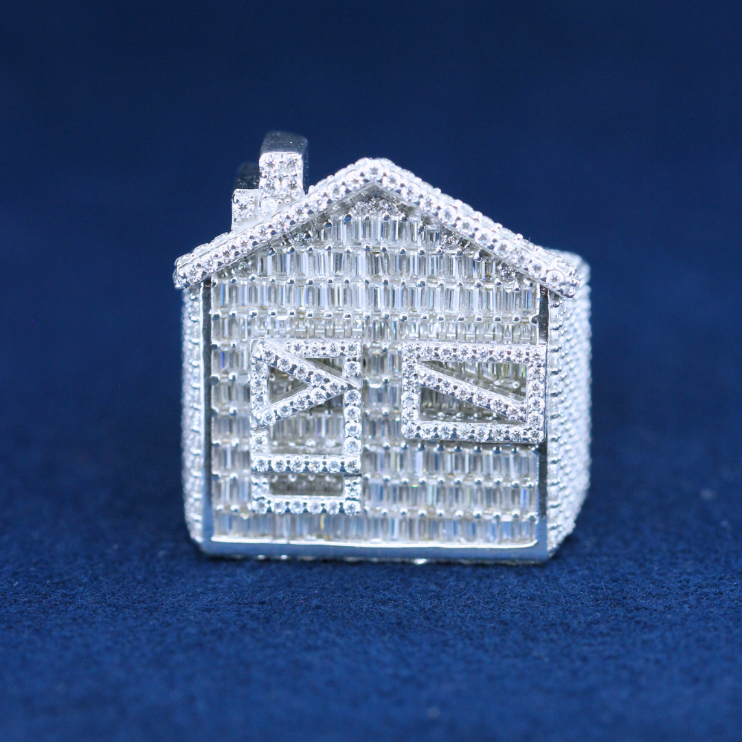 A stylish hip-hop jewelry baguette house ring in 925 sterling silver, featuring a bold architectural design with dazzling moissanite baguette diamonds for a statement look.