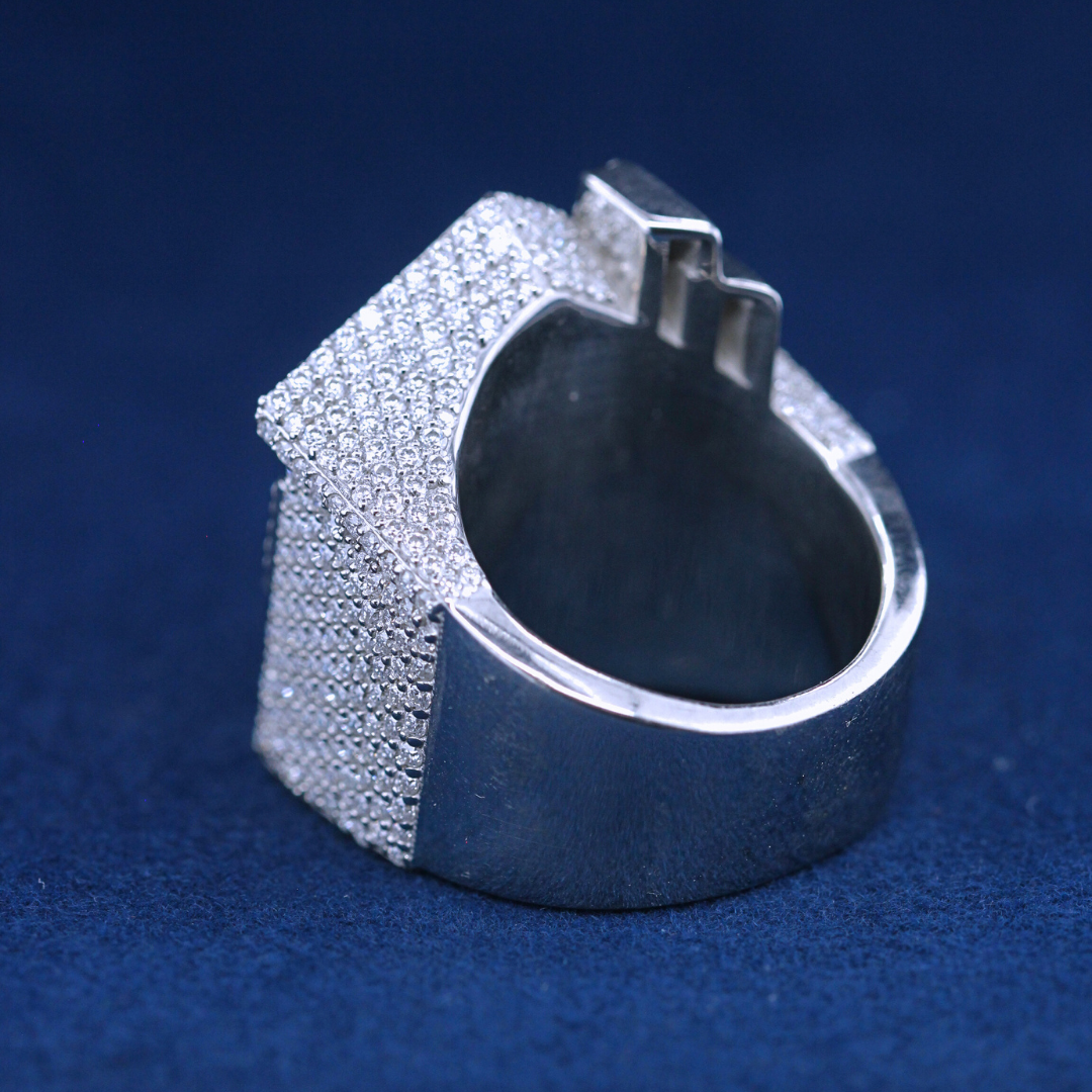 A right-side view of a hip-hop jewelry baguette house ring in 925 sterling silver, showcasing the structured design and radiant moissanite baguette diamonds.