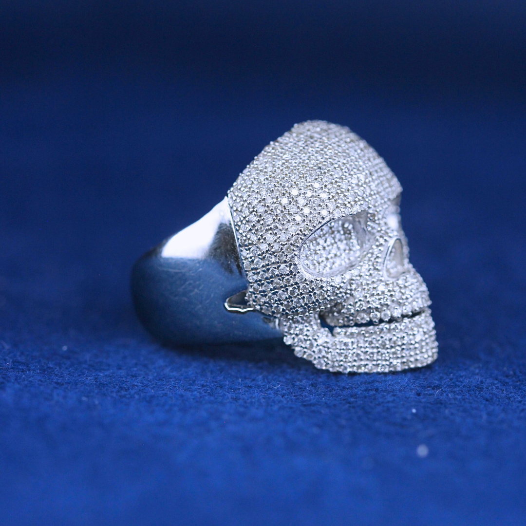 A bold hip-hop jewelry skull ring in 925 sterling silver, featuring an intricate gothic-inspired design with a high-polish finish.