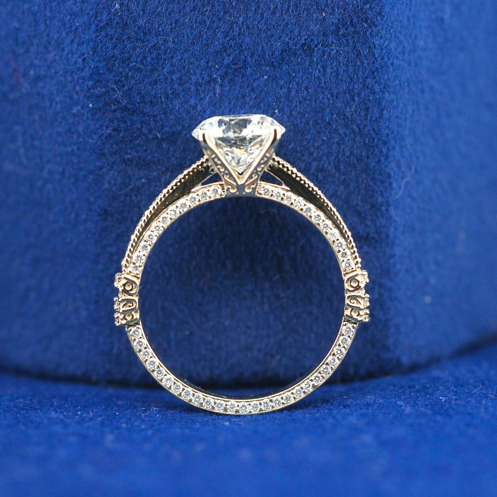 Right side angle of the Stellar Fusion moissanite diamond ring highlighting its radiant sparkle and luxurious design