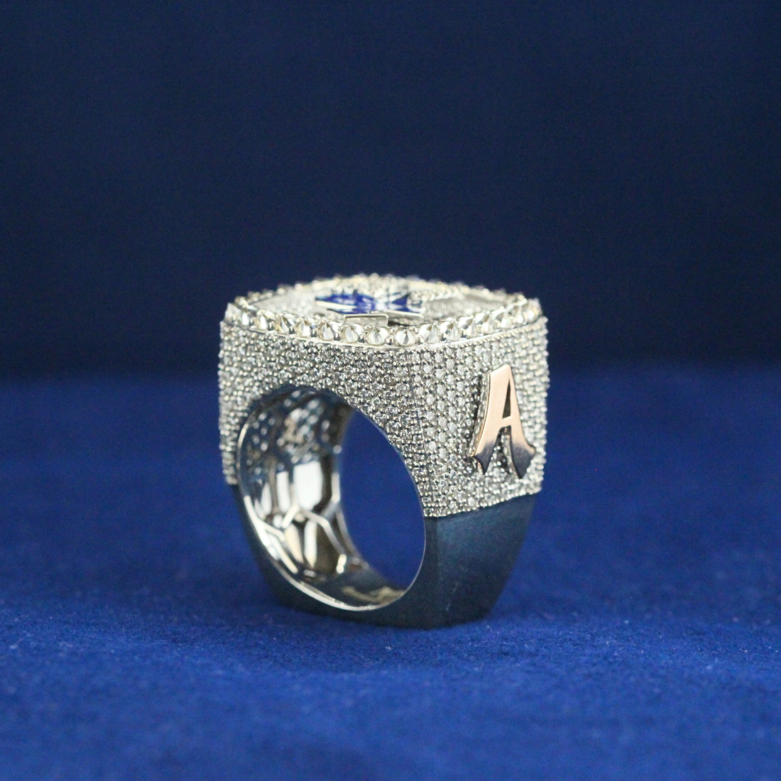 Right side angle of the Victory Four Elite Ring, highlighting detailed moissanite settings in a polished 925 silver finish, perfect for hip hop jewelry collectors.