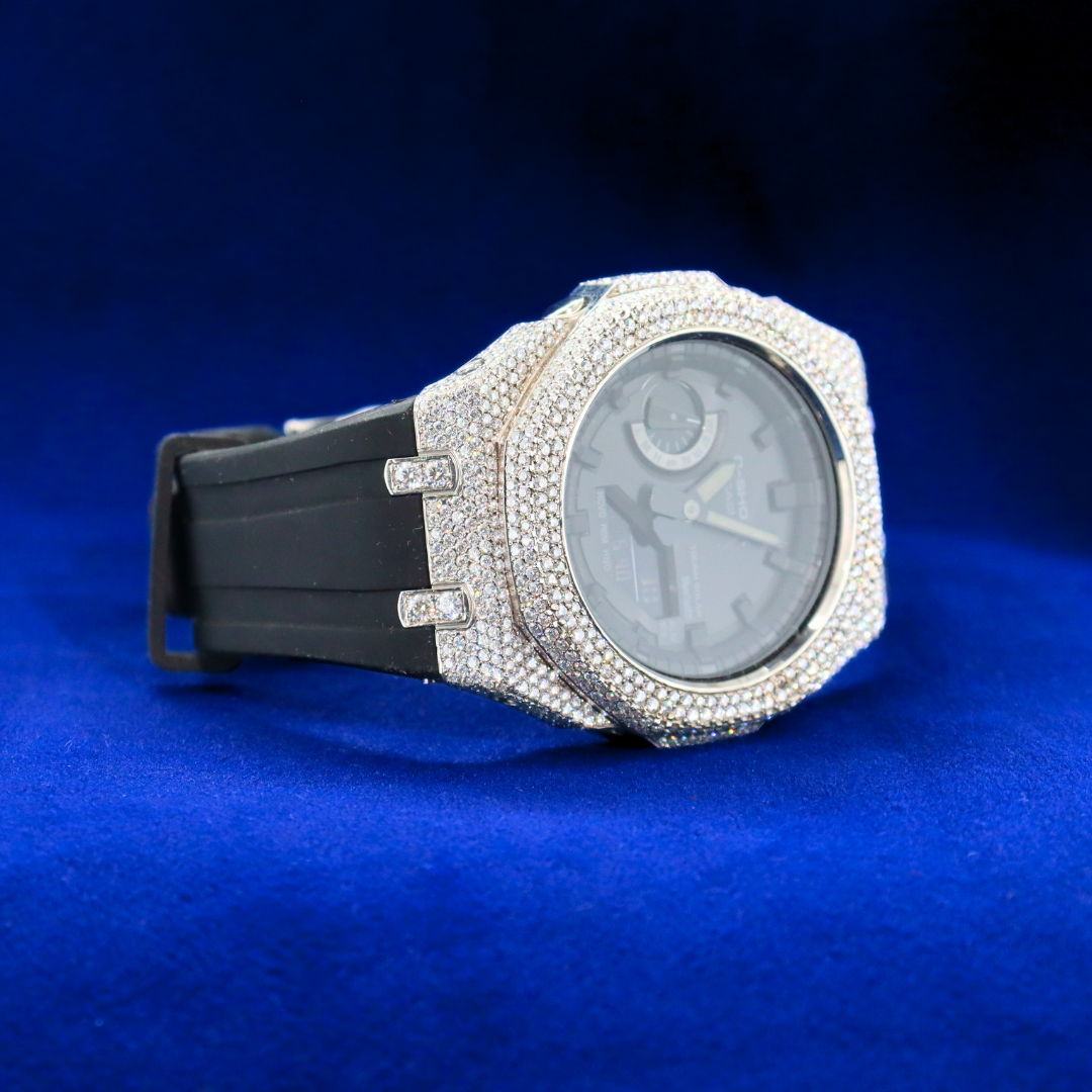 Right side view of G-Shock Bust Down Diamond Bezel Watch in 925 silver with Moissanite diamonds – Fine jewelry

