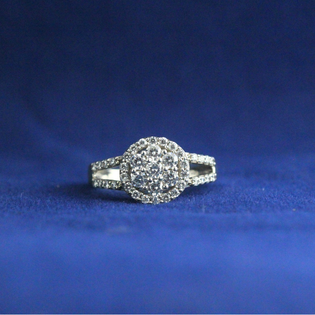 Front view of Halo Cluster Diamond Ring with Moissanite diamonds – Fine jewelry

