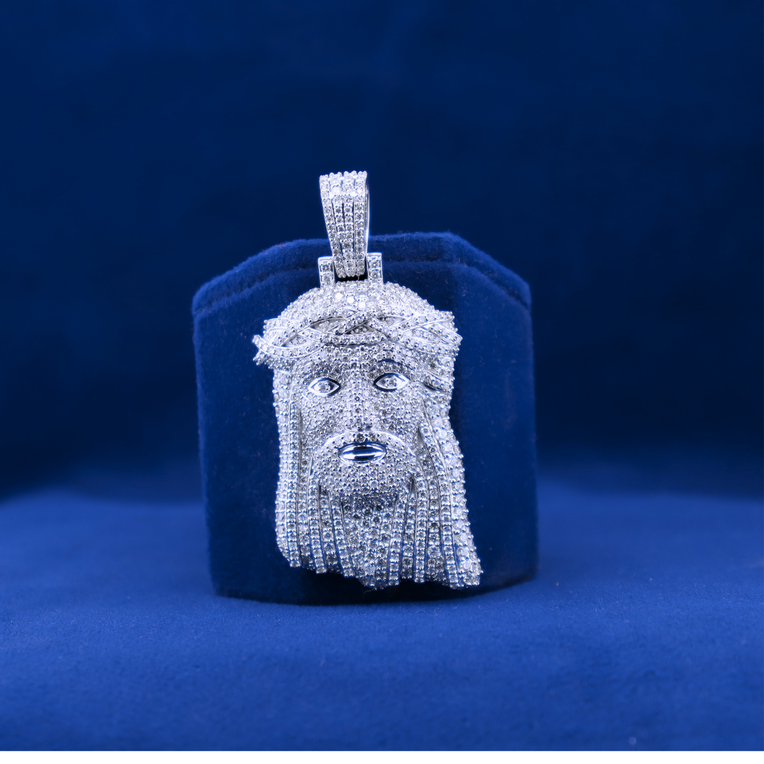 Front view of Iced Out Jesus Pandantc Piece Pendant in 14k silver with diamond moissanite, matching half iced out custom watch style

