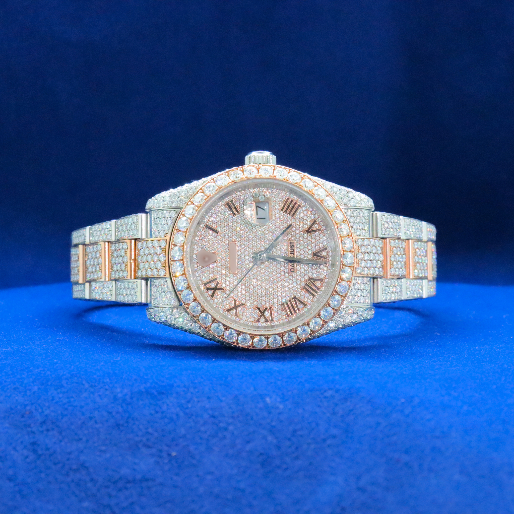 Front view of Iced-Out Roman Numeral Watch with Moissanite diamonds – Custom hip hop timepiece

