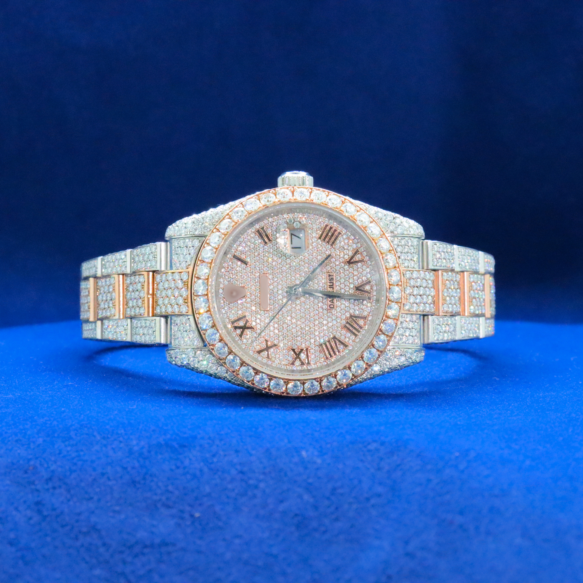 Front view of Iced-Out Roman Numeral Watch with Moissanite diamonds – Custom hip hop timepiece

