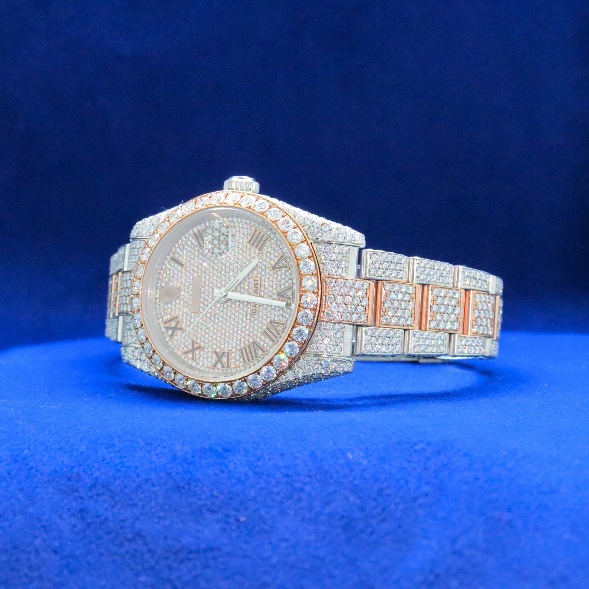 Left side view of Iced-Out Roman Numeral Watch with Moissanite diamonds – Custom hip hop timepiece

