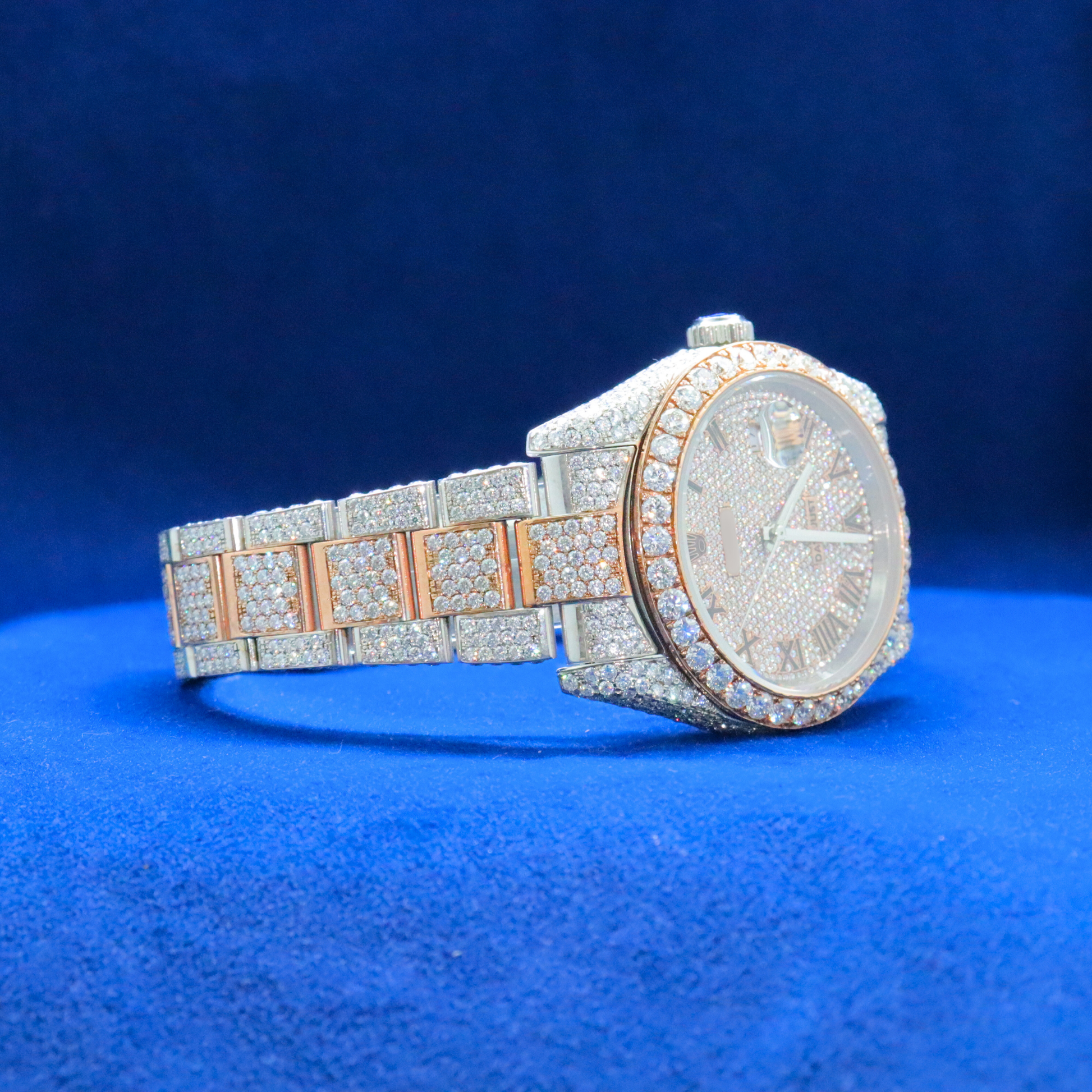 Right side view of Iced-Out Roman Numeral Watch with Moissanite diamonds – Custom hip hop timepiece

