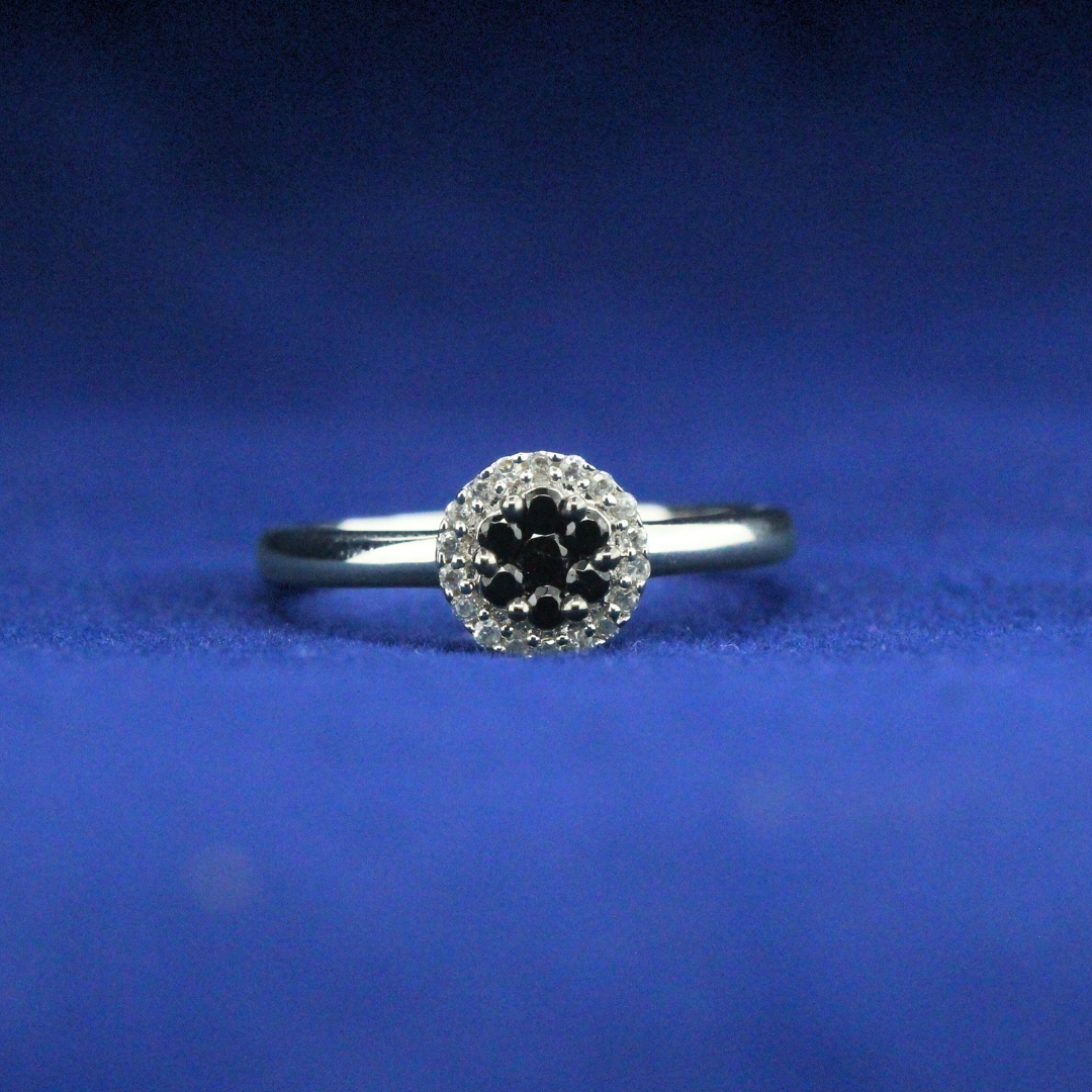 Front view of Midnight Halo Ring with Moissanite diamonds – Fine jewelry


