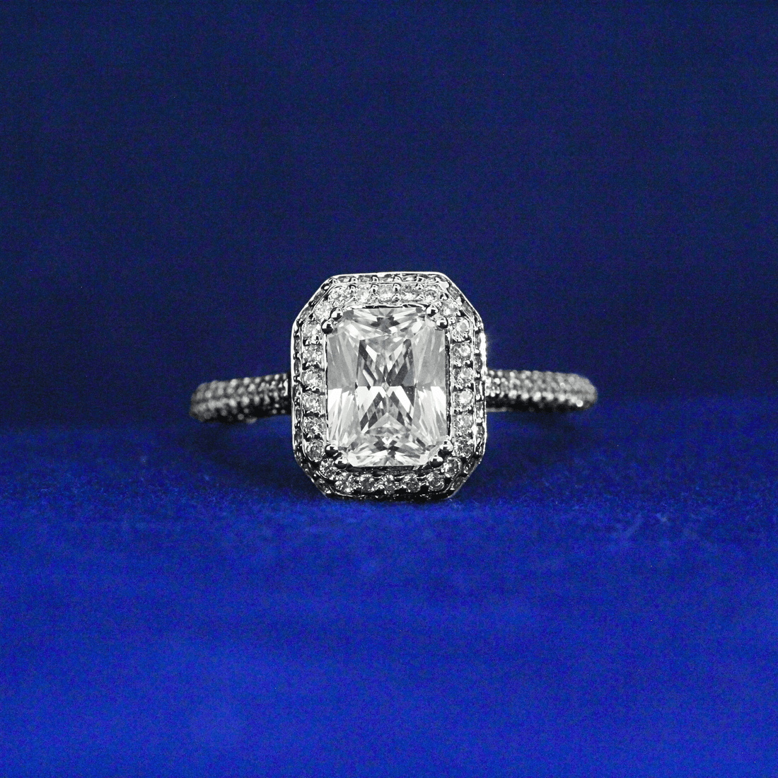 Front view of Pavé-Set Radiant Cut Diamond Ring with Moissanite diamonds – Fine jewelry

