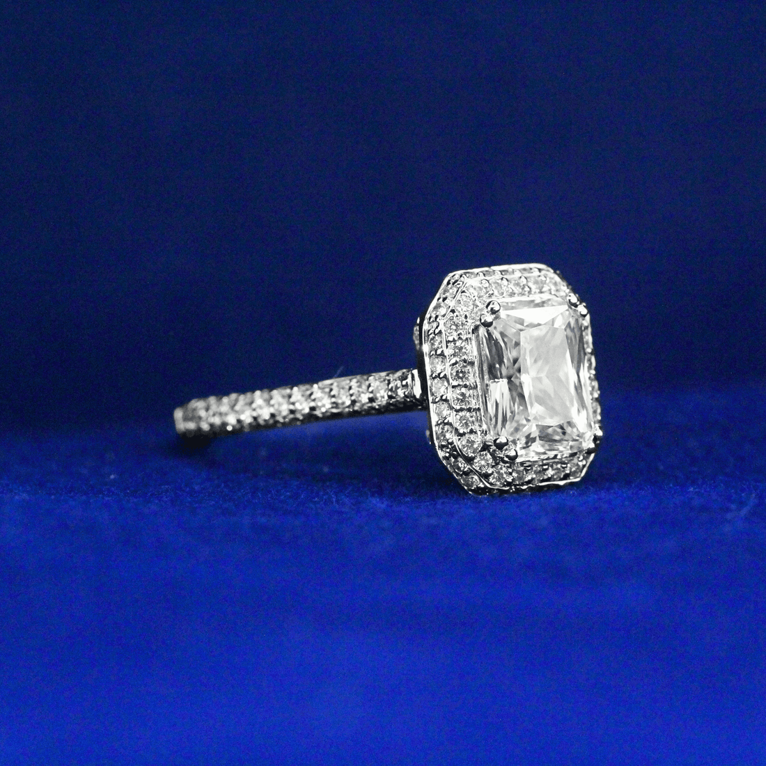 Front view of Pavé-Set Radiant Cut Diamond Ring with Moissanite diamonds – Fine jewelry

