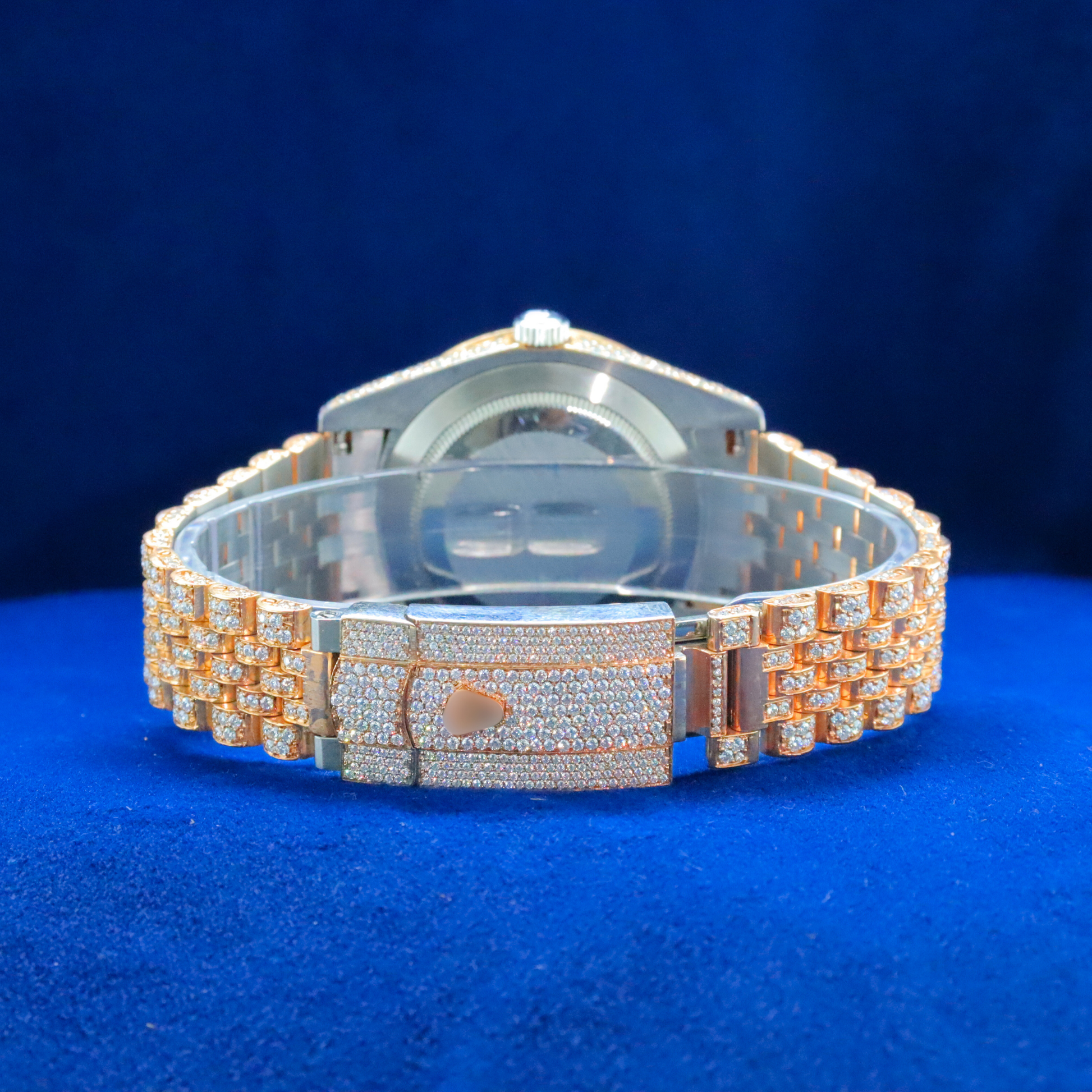 Back view of Ultimate Gold & Diamond Statement Watch with Moissanite diamonds – Custom iced out hip hop watch

