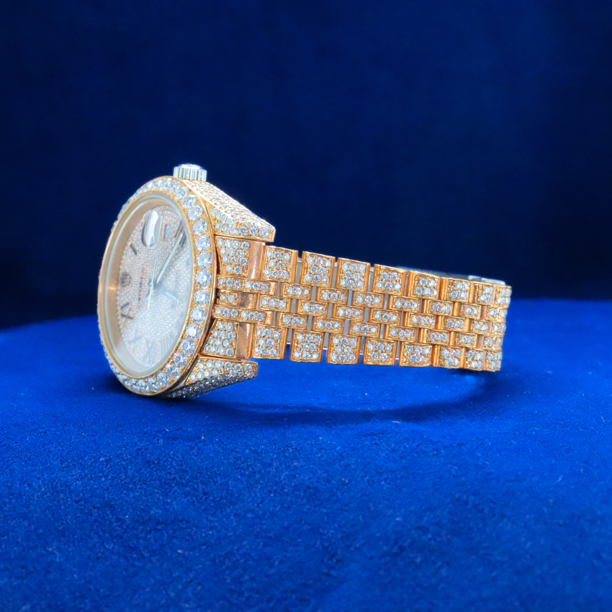 Left side view of Ultimate Gold & Diamond Statement Watch with Moissanite diamonds – Custom iced out hip hop watch

