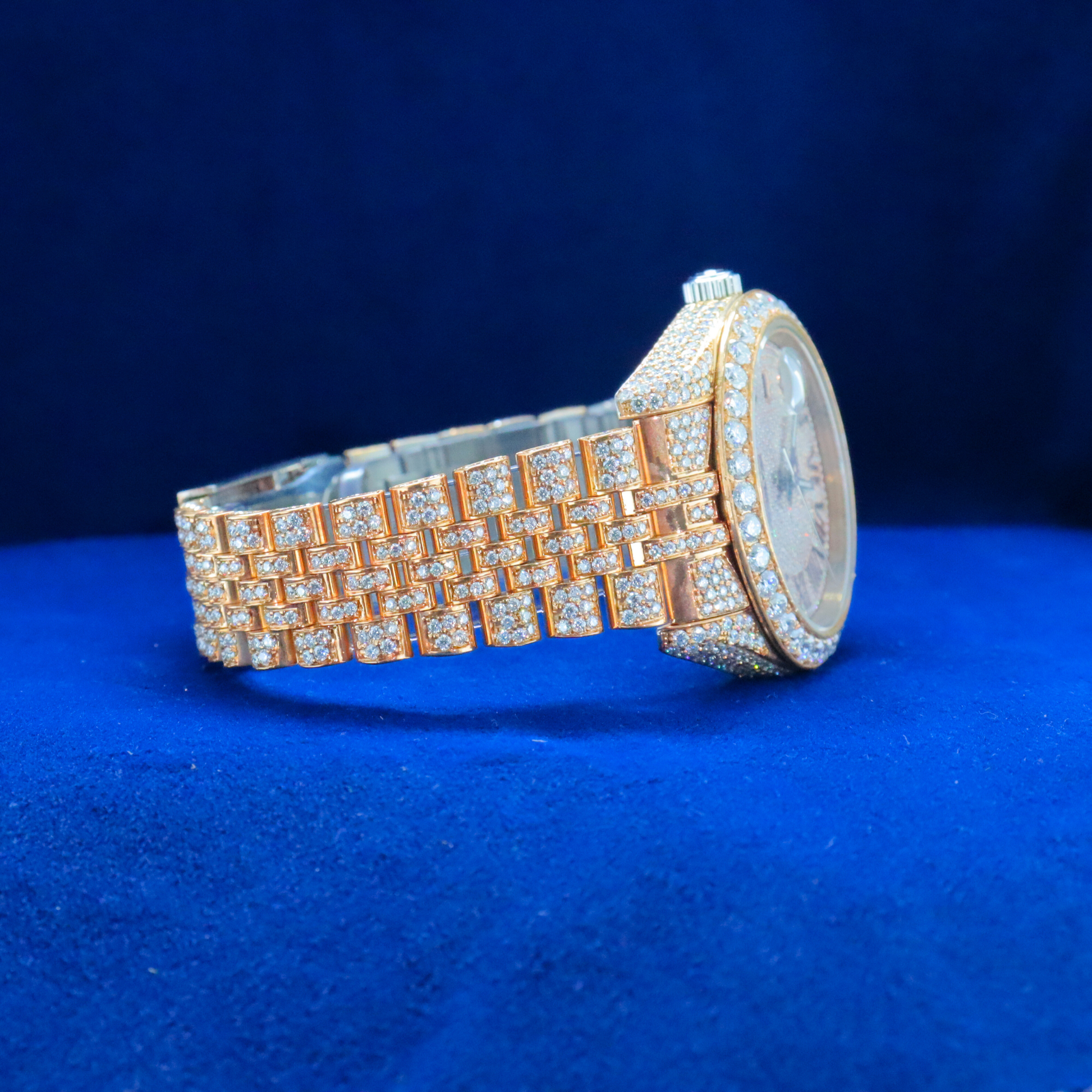 Right side view of Ultimate Gold & Diamond Statement Watch with Moissanite diamonds – Custom iced out hip hop watch

